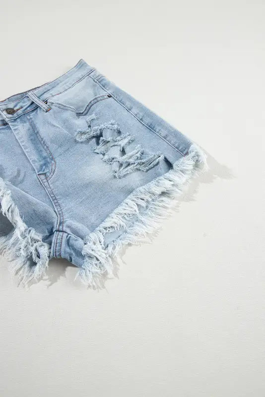 Distressed ripped raw hem high waist denim shorts - bottoms/denim