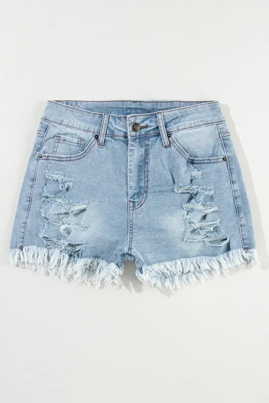 Distressed ripped raw hem high waist denim shorts - bottoms/denim