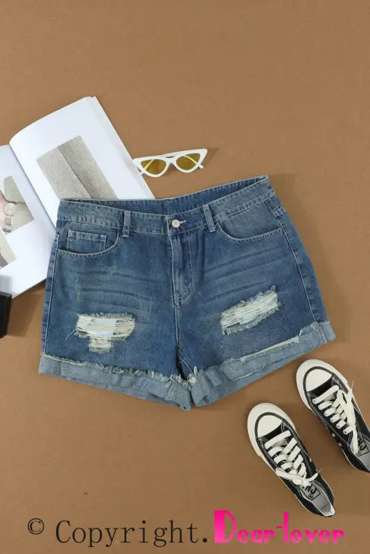 Distressed ripped denim shorts with rolled hem and ripped detailing - relax in style