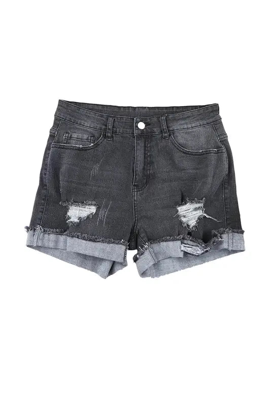 Distressed ripped denim shorts with rolled cuffs, perfect for a relaxed casual look