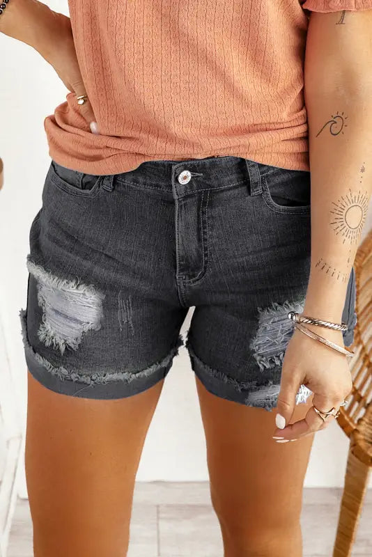 Distressed ripped denim shorts with rolled hem - black ripped denim shorts for relaxed style