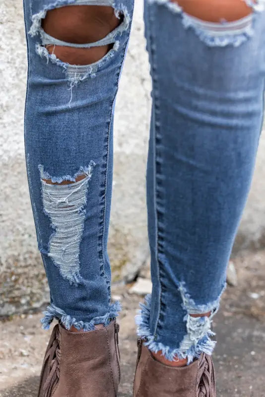 Distressed skinny jeans - sky blue high waist