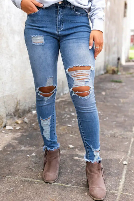 Distressed skinny jeans - sky blue high waist - s / 70% cotton + 27% polyester + 3% elastane