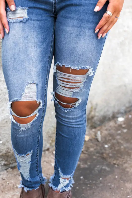 Distressed skinny jeans - sky blue high waist