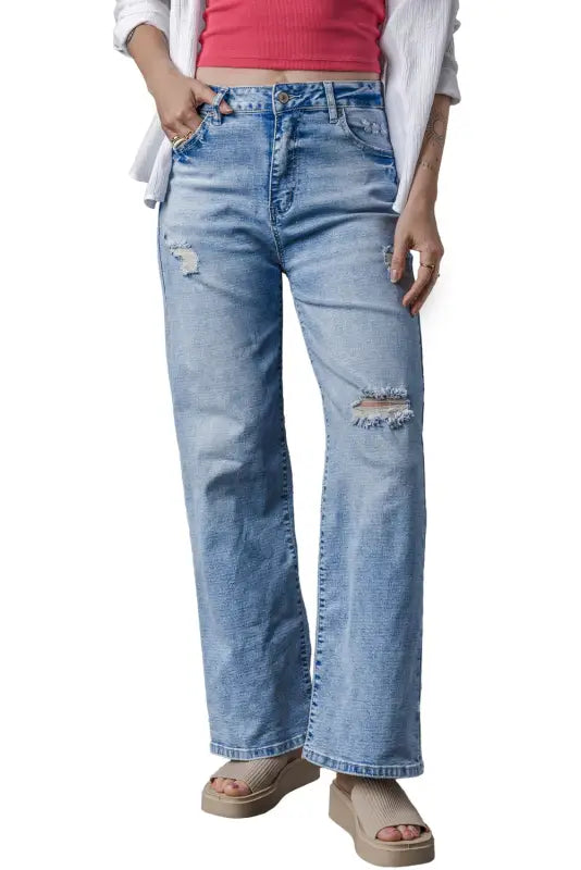 Distressed straight jeans - light blue high rise