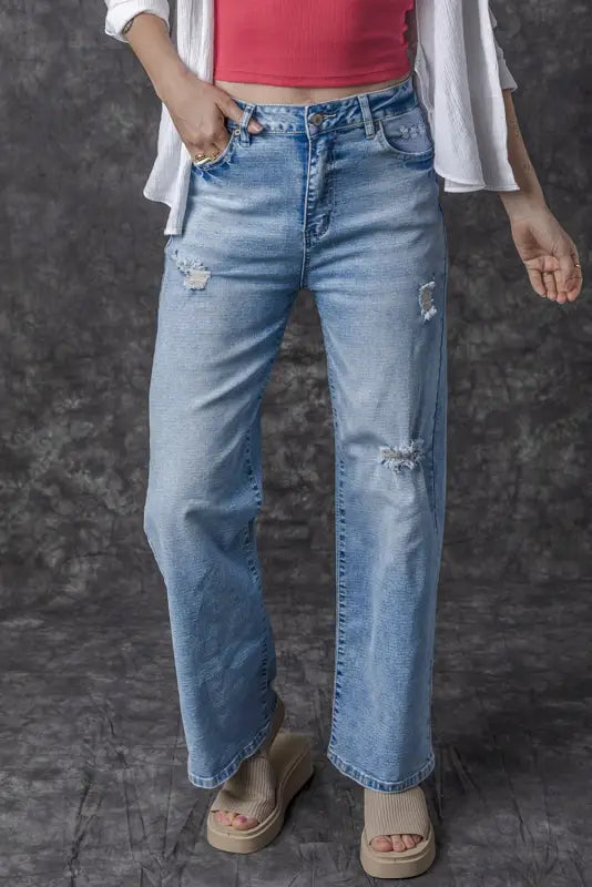 Distressed straight jeans - light blue high rise