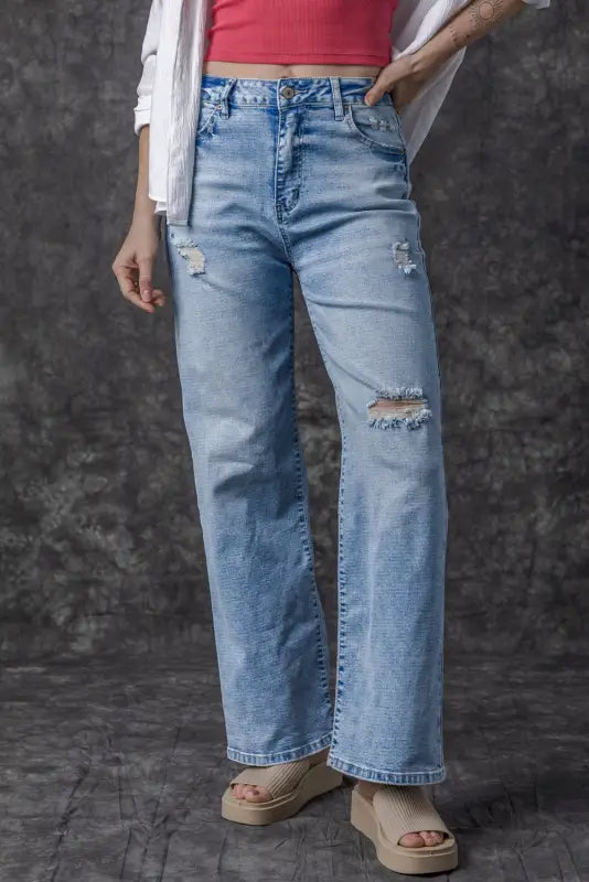 Distressed straight jeans - light blue high rise