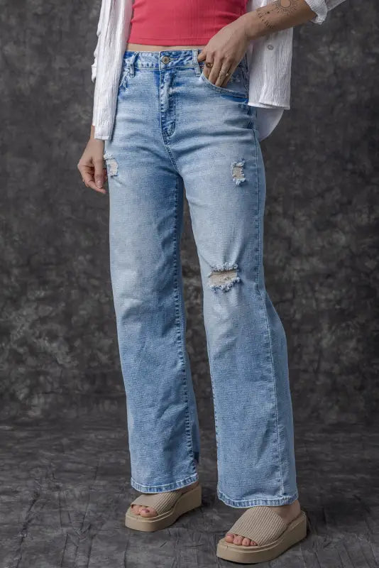 Distressed straight jeans - light blue high rise