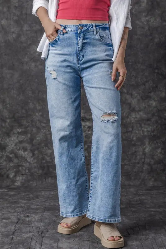 Distressed straight jeans - light blue high rise