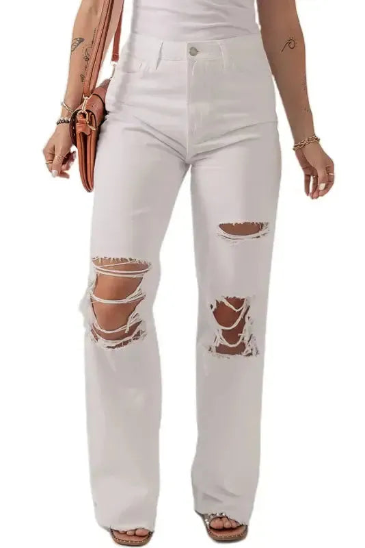 Distressed Straight Leg Jeans - White - Fashionfitz