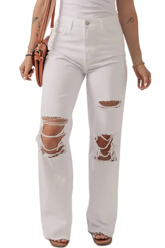 Bright white heavy distressed straight leg jeans