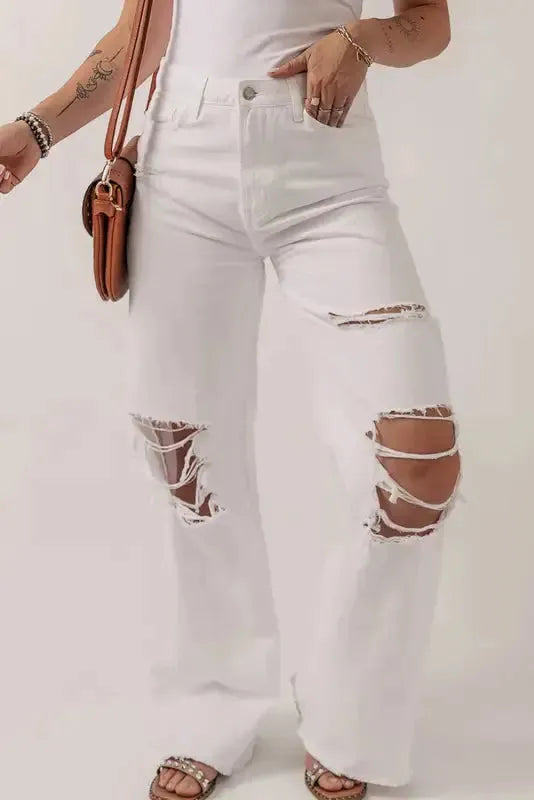 Distressed Straight Leg Jeans - White - Fashionfitz