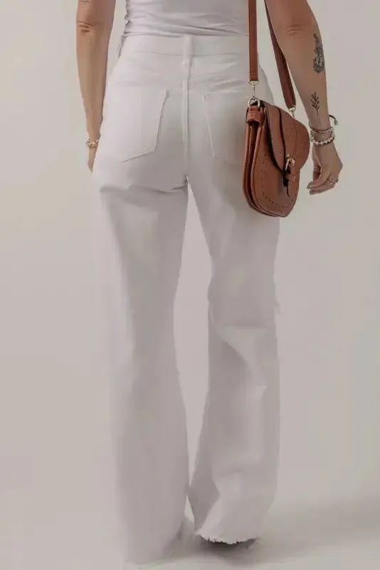 Distressed Straight Leg Jeans - White - Fashionfitz