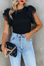 Dotty Mesh Ruffle Sleeve Ribbed Knit Top - Fashionfitz