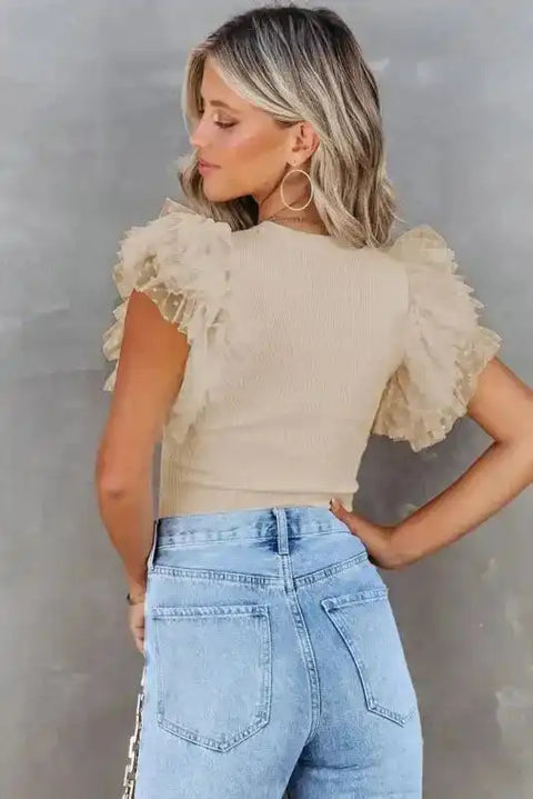 Beige dotty mesh ruffle sleeve ribbed knit top front view — Fashionfitz UK