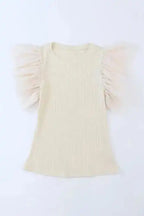 Dotty Mesh Ruffle Sleeve Ribbed Knit Top - Fashionfitz