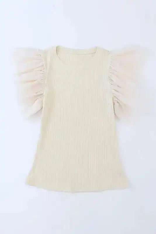 Dotty Mesh Ruffle Sleeve Ribbed Knit Top Women UK styled as a femininely characterful casual outfit — Fashionfitz