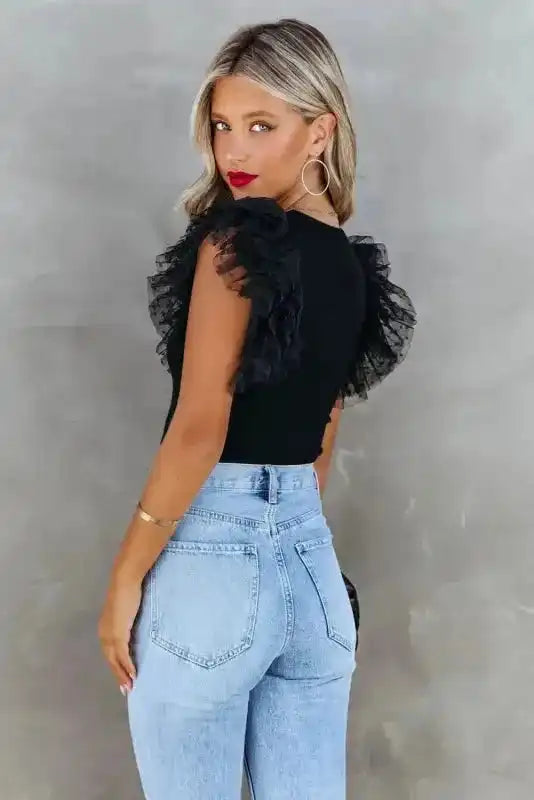 Dotty Mesh Ruffle Sleeve Ribbed Knit Top - Fashionfitz