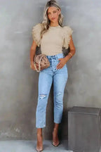 Dotty Mesh Ruffle Sleeve Ribbed Knit Top - Fashionfitz