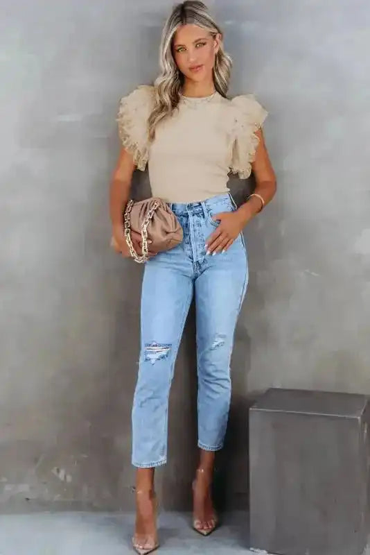 Dotty Mesh Ruffle Sleeve Ribbed Knit Top - Fashionfitz