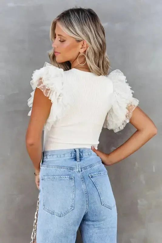 Dotty Mesh Ruffle Sleeve Ribbed Knit Top - Fashionfitz