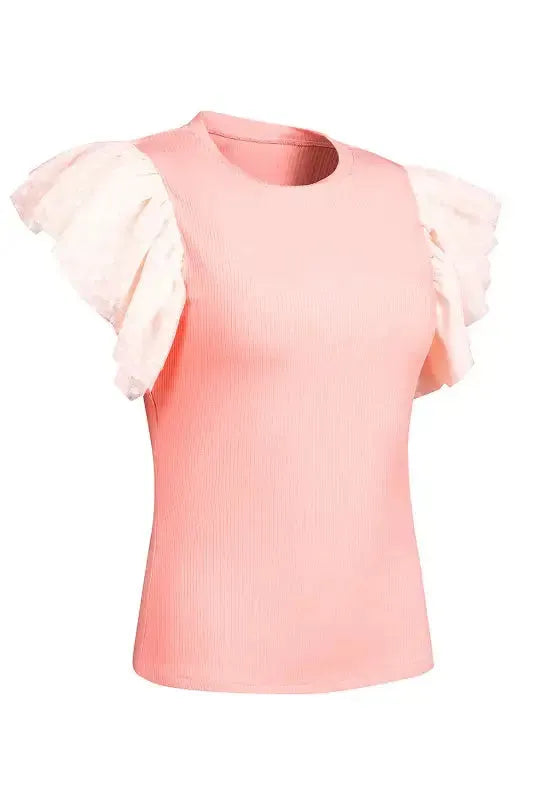 Dotty Mesh Ruffle Sleeve Ribbed Knit Top - Fashionfitz