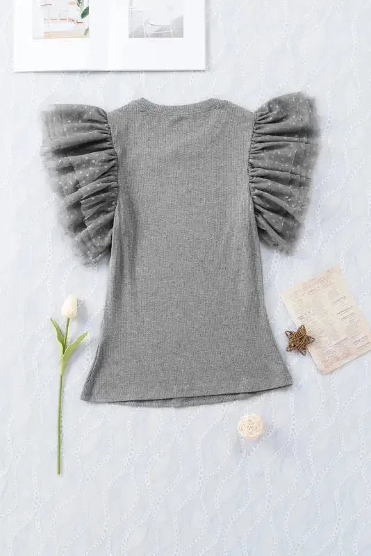 Dotty Mesh Ruffle Sleeve Ribbed Knit Top - Fashionfitz