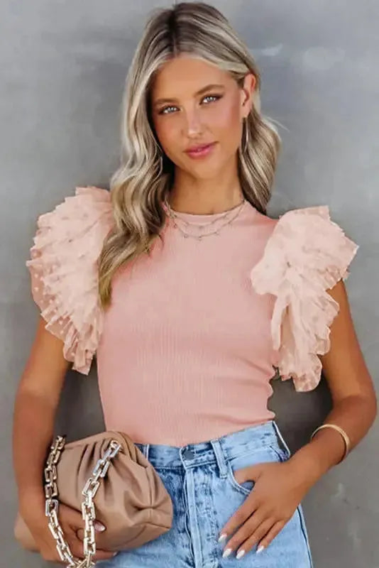Dotty Mesh Ruffle Sleeve Ribbed Knit Top - Fashionfitz