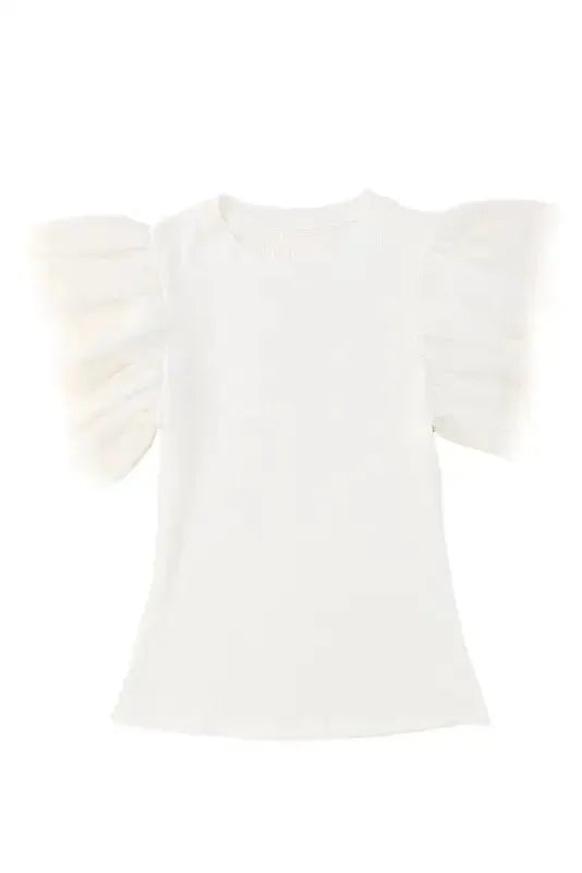 Dotty Mesh Ruffle Sleeve Ribbed Knit Top - Fashionfitz