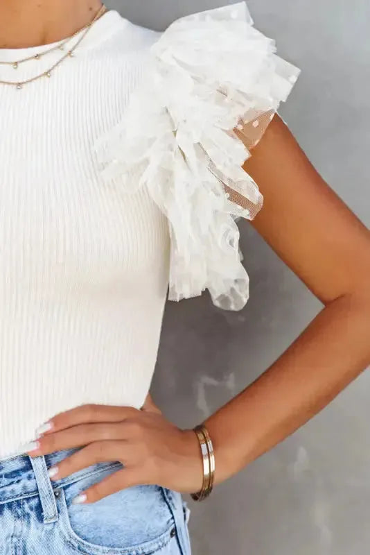 Dotty Mesh Ruffle Sleeve Ribbed Knit Top - Fashionfitz