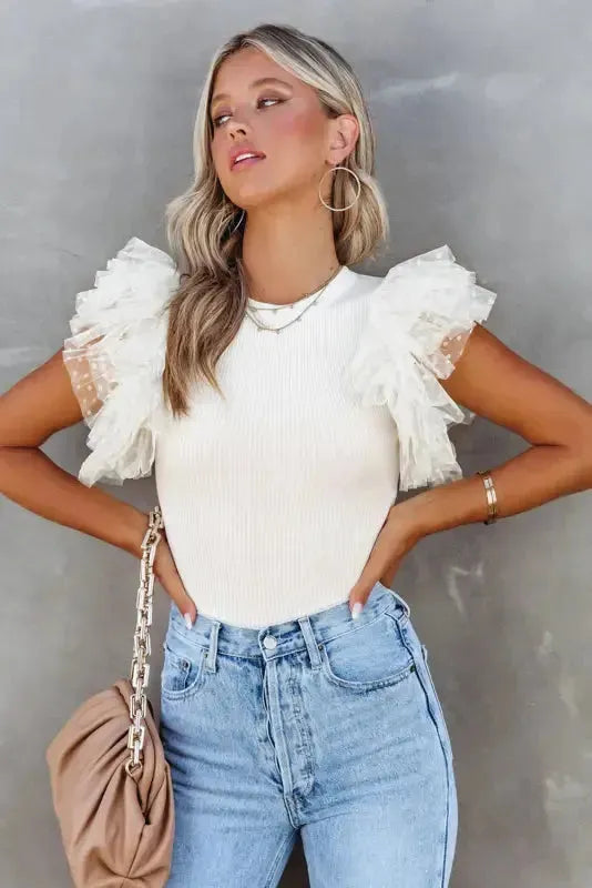 Dotty Mesh Ruffle Sleeve Ribbed Knit Top - Fashionfitz