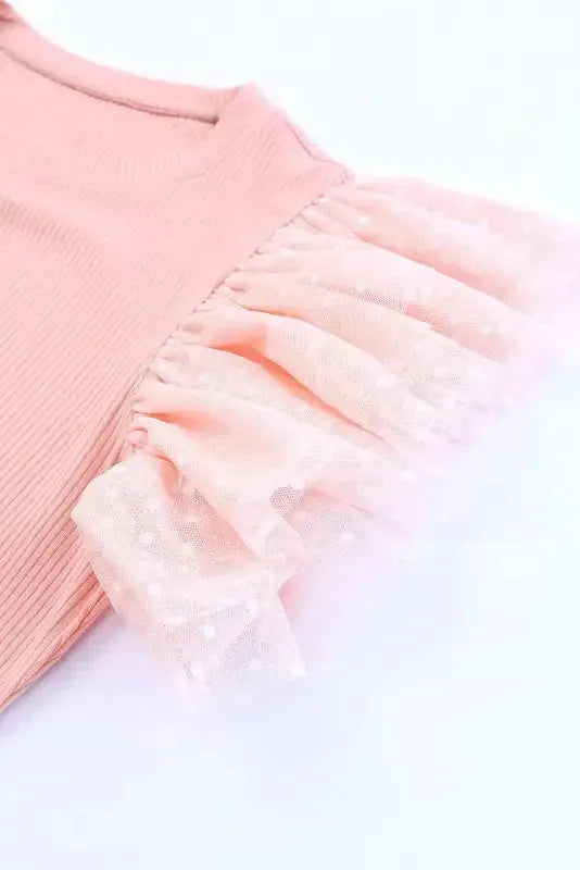 Dotty Mesh Ruffle Sleeve Ribbed Knit Top - Fashionfitz