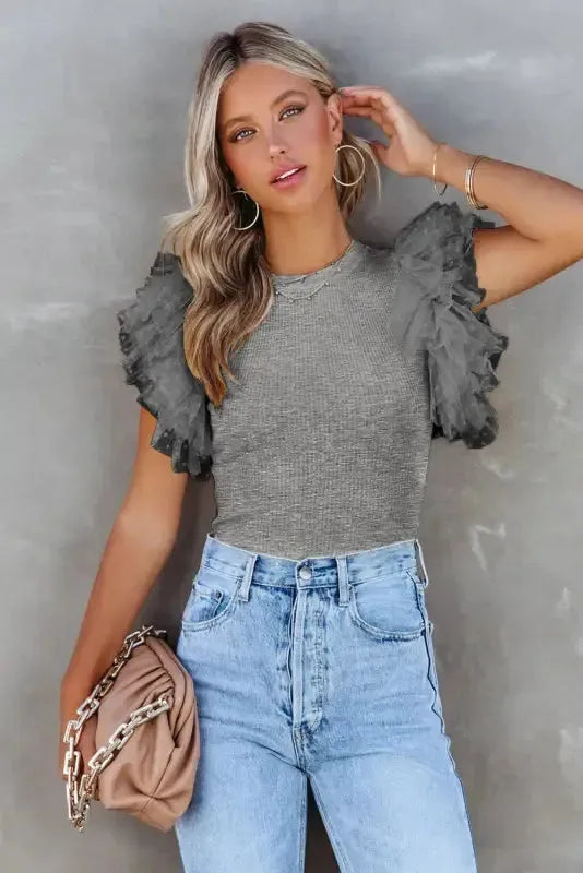 Dotty Mesh Ruffle Sleeve Ribbed Knit Top - Fashionfitz