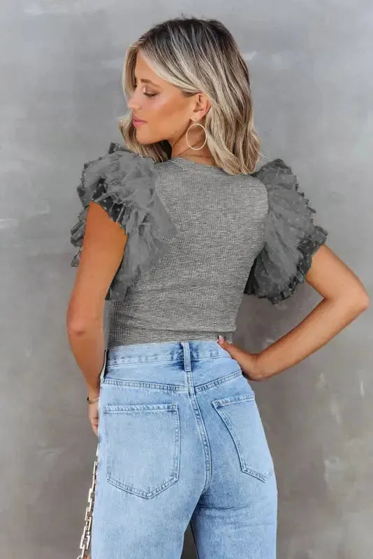 Dotty Mesh Ruffle Sleeve Ribbed Knit Top - Fashionfitz