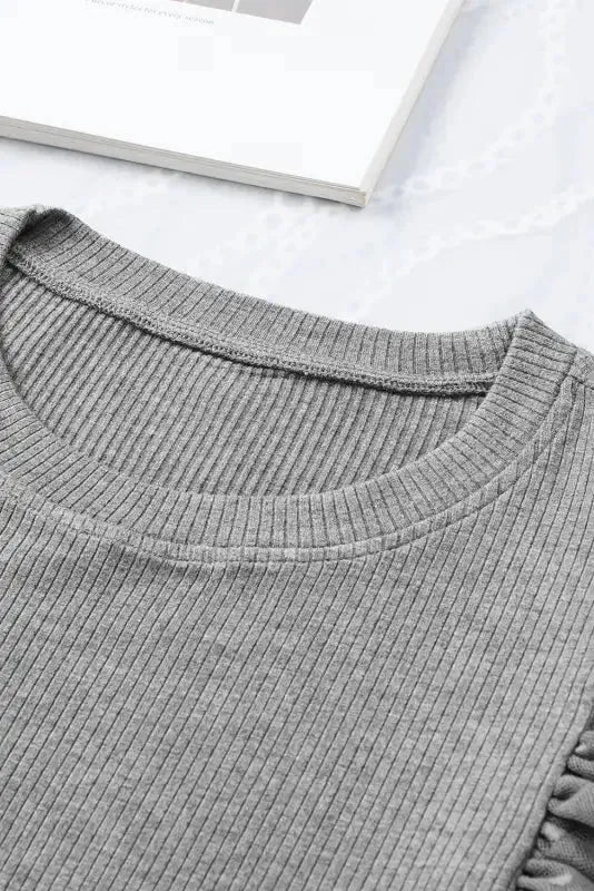 Dotty Mesh Ruffle Sleeve Ribbed Knit Top - Fashionfitz