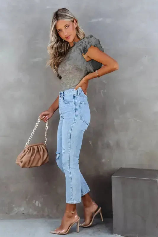 Dotty Mesh Ruffle Sleeve Ribbed Knit Top - Fashionfitz
