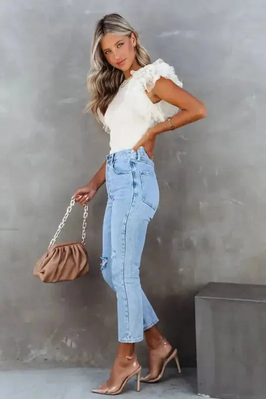Dotty Mesh Ruffle Sleeve Ribbed Knit Top - Fashionfitz