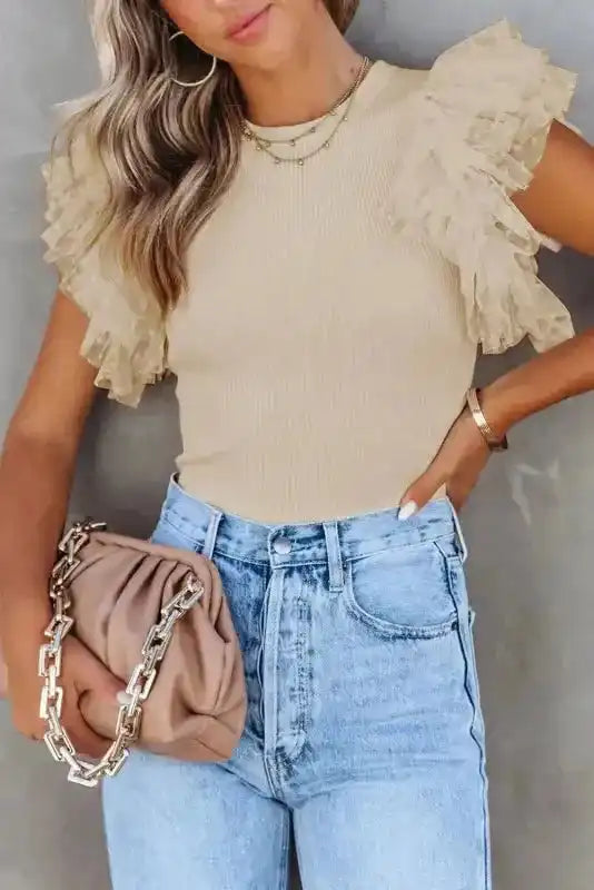 Dotty Mesh Ruffle Sleeve Ribbed Knit Top - Fashionfitz
