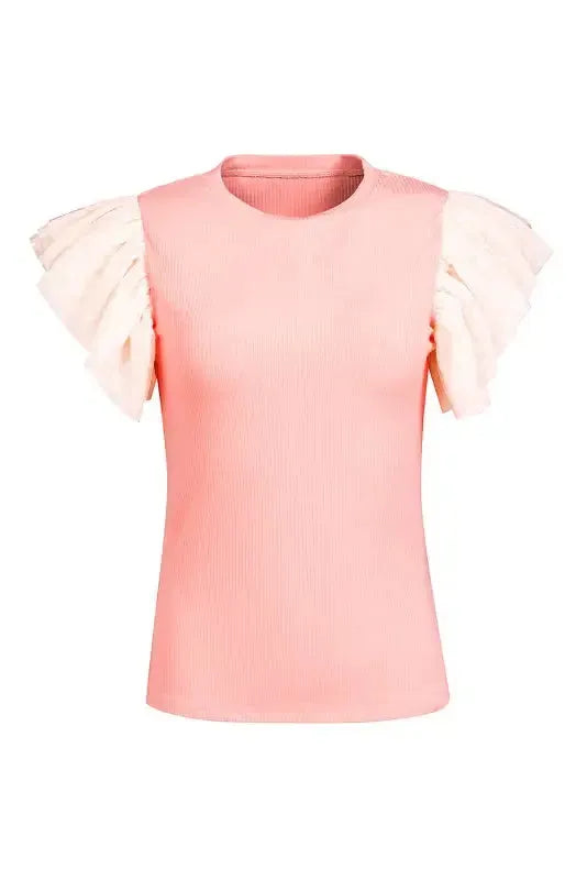 Dotty Mesh Ruffle Sleeve Ribbed Knit Top - Fashionfitz