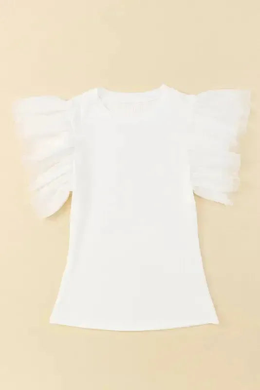 Dotty Mesh Ruffle Sleeve Ribbed Knit Top - Fashionfitz