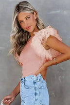 Dotty Mesh Ruffle Sleeve Ribbed Knit Top - Fashionfitz