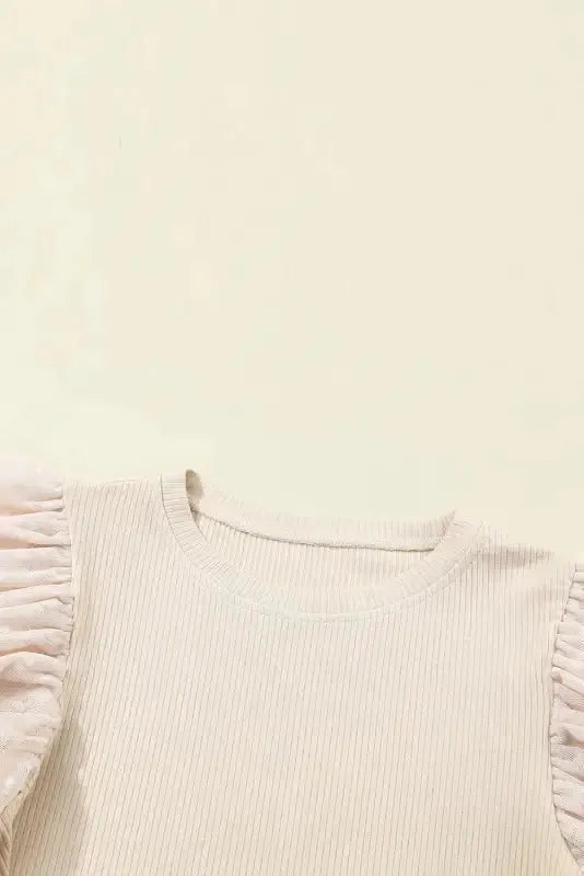 Dotty Mesh Ruffle Sleeve Ribbed Knit Top - Fashionfitz