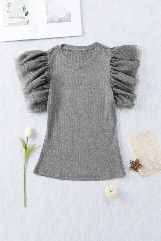 Dotty Mesh Ruffle Sleeve Ribbed Knit Top - Fashionfitz