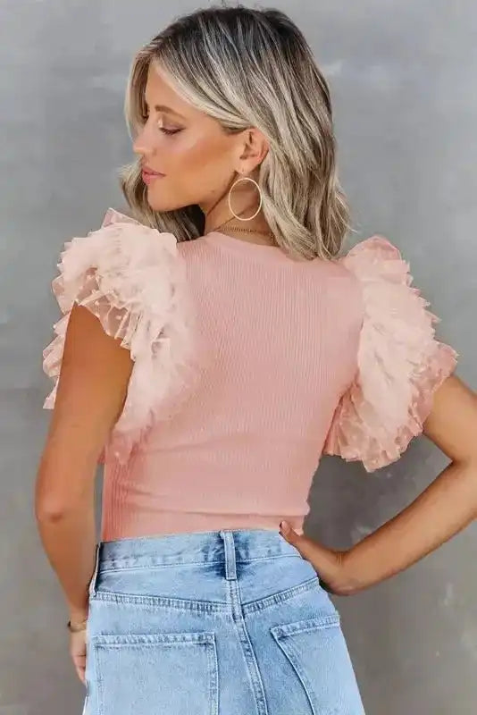 Dotty Mesh Ruffle Sleeve Ribbed Knit Top - Fashionfitz