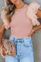 Dotty Mesh Ruffle Sleeve Ribbed Knit Top - Fashionfitz