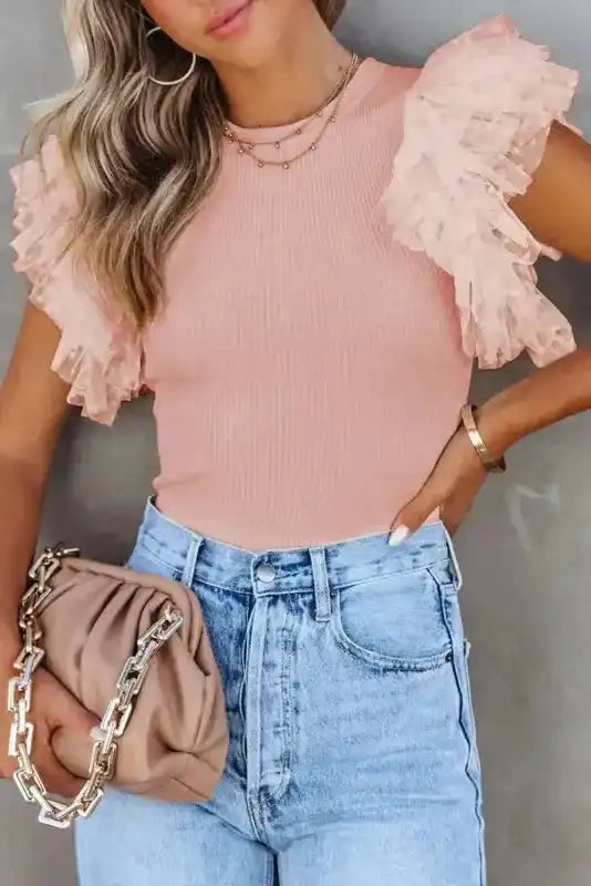 Dotty Mesh Ruffle Sleeve Ribbed Knit Top - Fashionfitz