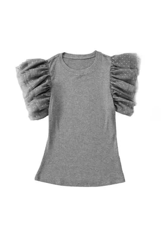 Dotty Mesh Ruffle Sleeve Ribbed Knit Top - Fashionfitz