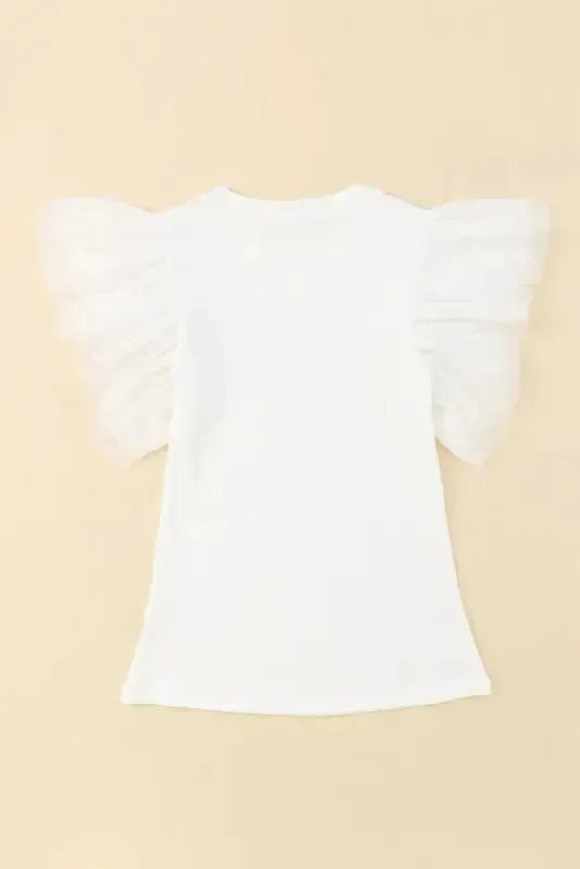 Dotty Mesh Ruffle Sleeve Ribbed Knit Top - Fashionfitz