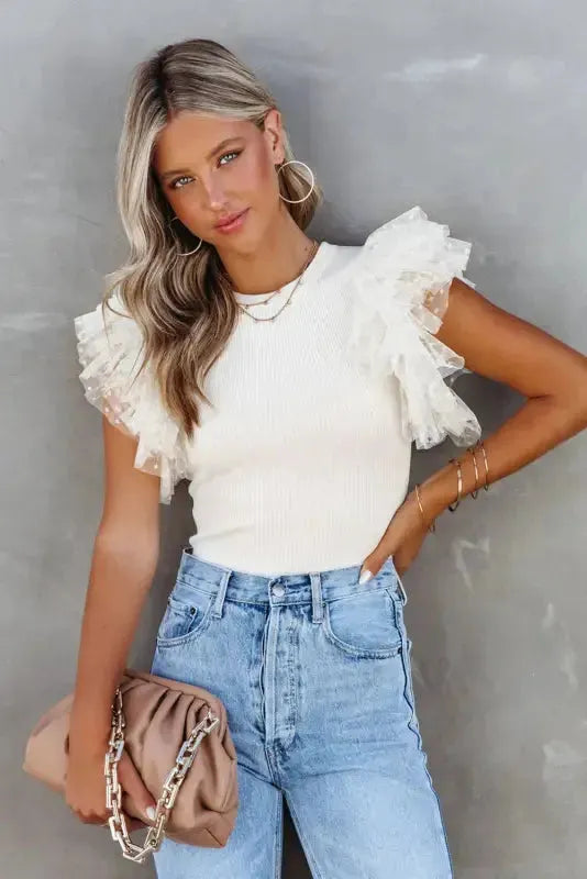 Dotty Mesh Ruffle Sleeve Ribbed Knit Top - Fashionfitz