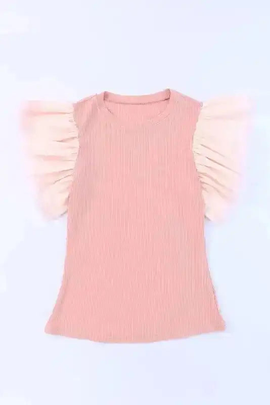 Dotty Mesh Ruffle Sleeve Ribbed Knit Top - Fashionfitz